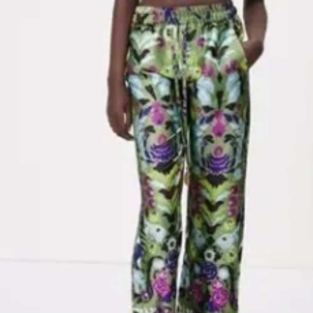 Zara Flowy Wide Leg Drawstring Printed Pants Size X-Small NWT